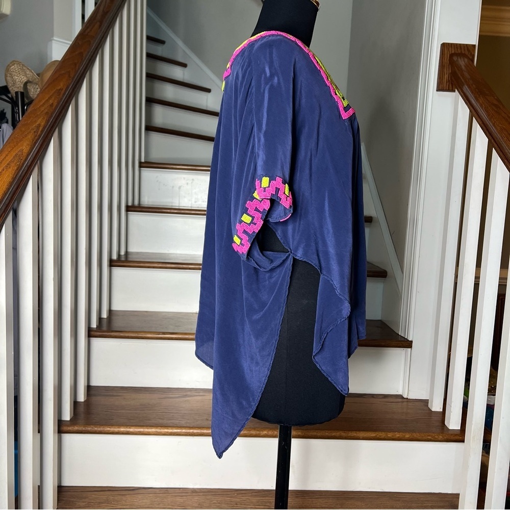 Mara Hoffman Silk Embroidered Tunic Top Petite Small Navy Pink Neon Boho - Picture 4 of 7